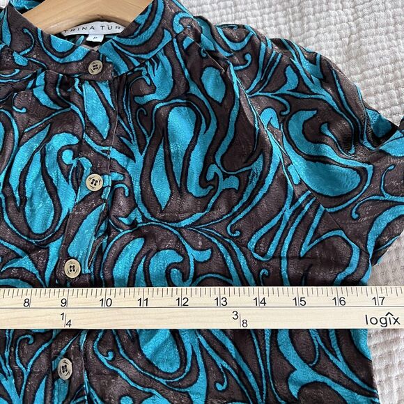 Trina Turk Shirt Womens Petite Brown Teal Silk Jacquard Button Blouse 3/4 Sleeve - Picture 7 of 12